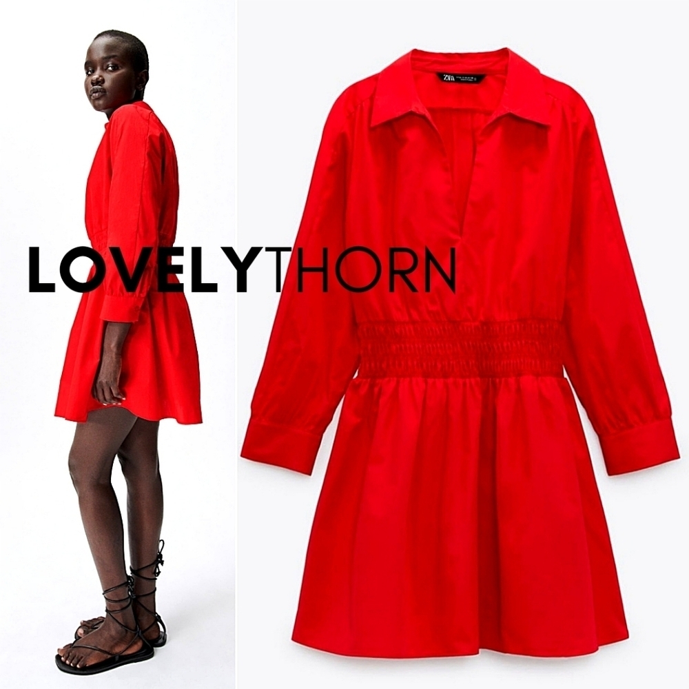 ZARA // retro-chic red poplin collar smock waist long sleeve plunge mini dress - Picture 12 of 16